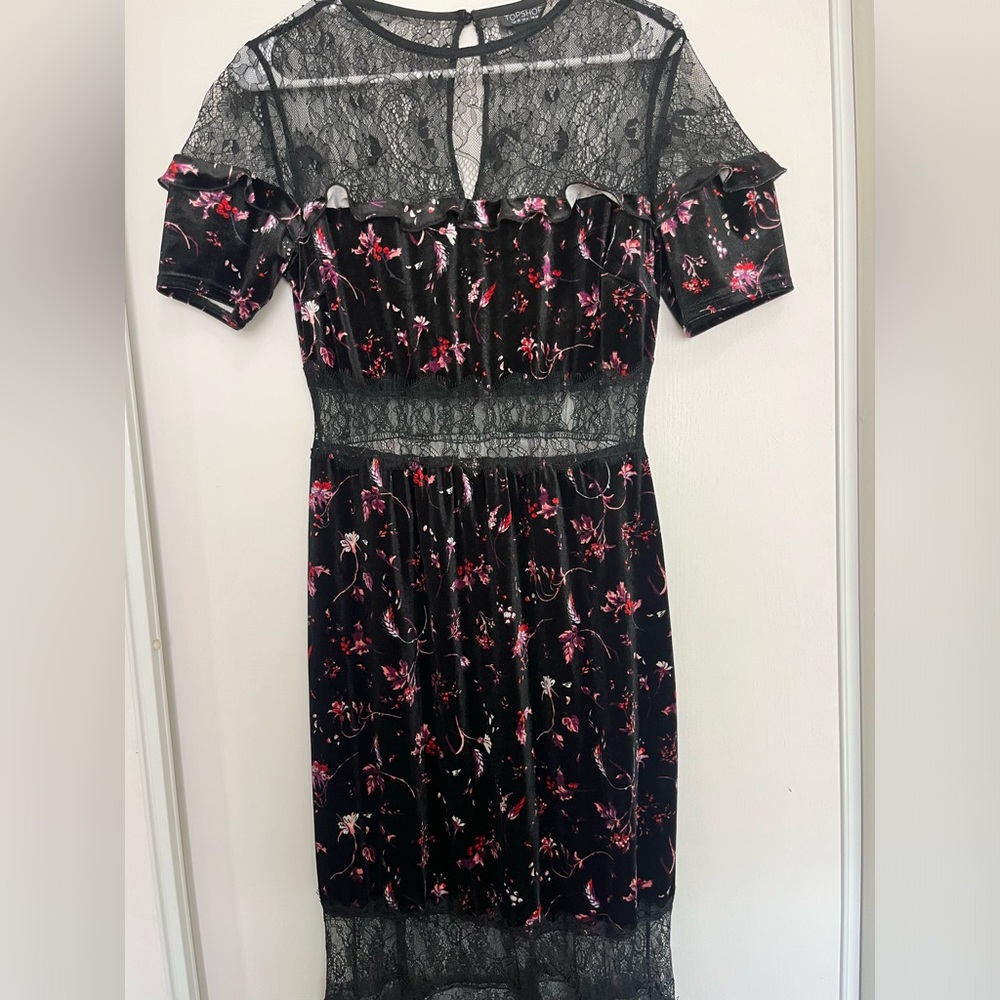 Topshop Velvet & Lace Black Floral Short Sleeve Dress US Size 6 Fairygoth - Picture 3 of 7